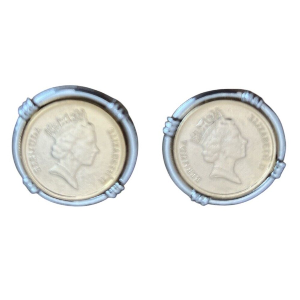 Vintage Queen Elizabeth II Clip On Earrings Bermuda One Dollar Coin Silver Gold